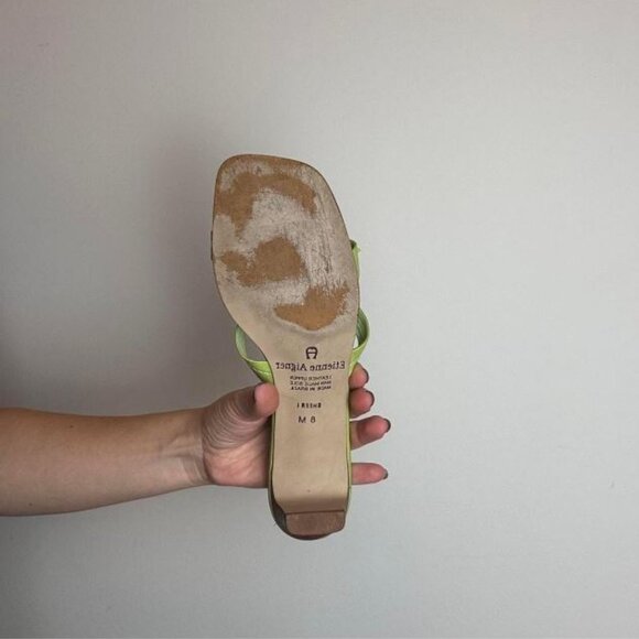 Vintage 90s Y2K Etienne Aigner Genuine Green Leather Kitten Heels Mules with Bow - Picture 4 of 4